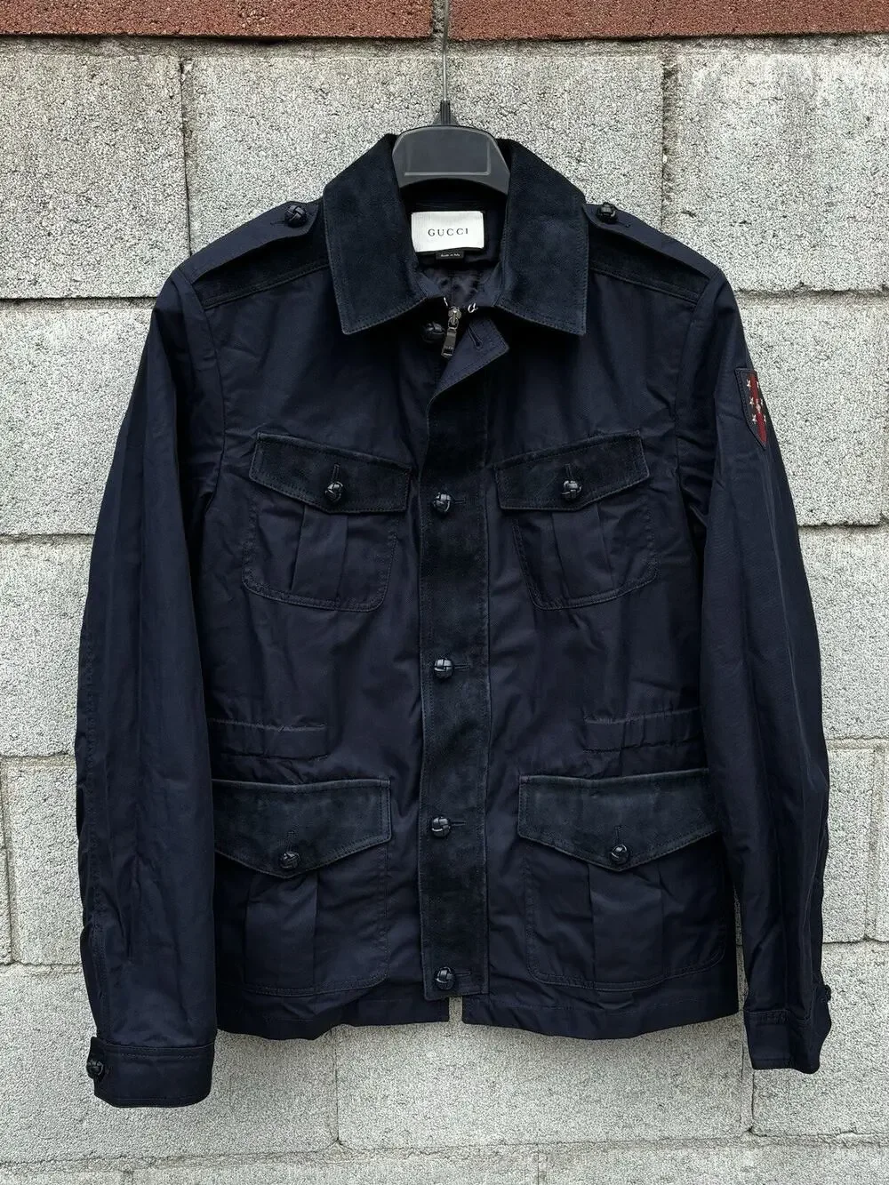 GUCCI Cotton Blend Leather Washed Gabardine Jacket Blue Sz 48 US 38